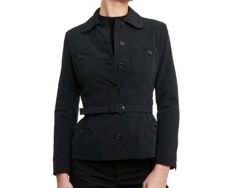 PRADA BELTED CARGO BLAZER JACKETCondition grade B.Size Italian 42. 90cm chest, 65cm length. Black blazer with button-up openi