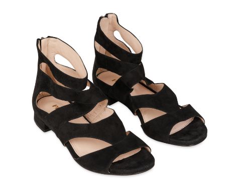 PRADA STRAPPY SUEDE SANDALSCondition grade B-. Size 35.5. Heel height 1cm. Black strappy suede sandals with back zip closure.