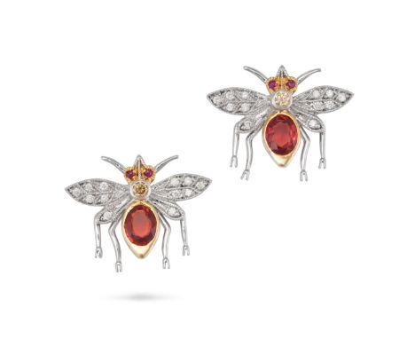 A PAIR OF GARNET, RUBY AND DIAMOND BUG EARRINGS in 18ct white gold, each designed as a bug set with an oval cut hessonite gar