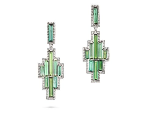 A PAIR OF GREEN TOURMALINE AND DIAMOND DROP EARRINGS each in a geometric design, set throughout with octagonal step cut green