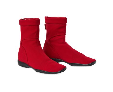PRADA RED SOCK BOOTSCondition grade A-.Size 36. Outer sole length 25.5cm. Red toned fabric sock boots with squared-off toe.