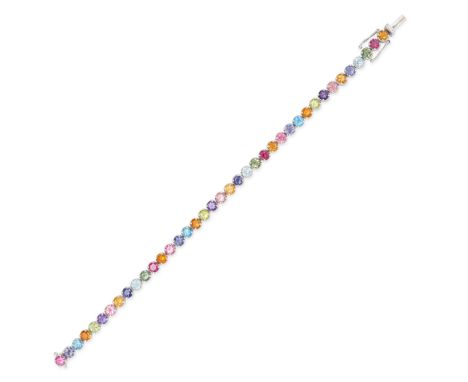 A MULTIGEM BRACELET in 18ct white gold, set with a row of round cut citrines, pink and green tourmaline, aquamarine, tanzanit
