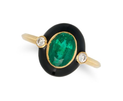 AN EMERALD, ENAMEL AND DIAMOND RING in 18ct yellow gold, set with an oval cut emerald in a border of black enamel, accented b