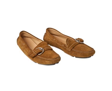 PRADA TAN SUEDE BUCKLED LOAFERSCondition grade C+.Size 35.5. Brown toned suede loafers with buckle detailing and rubber soles