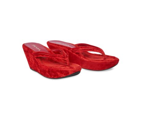 PRADA RED TOWELLED WEDGE HEELSCondition grade A, unworn.Size 36.5. Heel height 8cm. Red toned towelled wedge heels with flip 