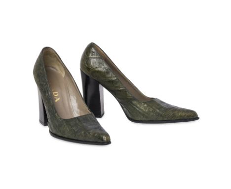 PRADA CROC EFFECT GREEN HEELSCondition grade B.Size 36. Heel height 9.5cm. Green toned croc-effect heels with block heel and 