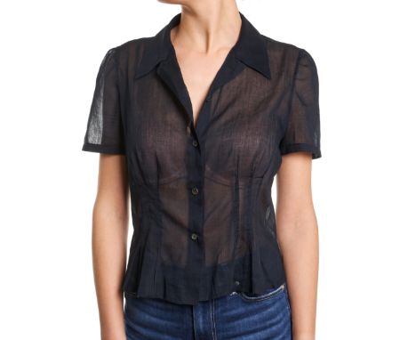 PRADA SHEER NAVY SHORT SLEEVE BLOUSECondition grade B+.Size Italian 46. 80cm chest, 55cm length. Navy toned sheer blouse with