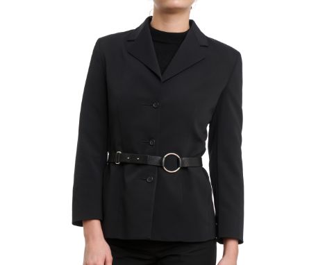 PRADA BELTED BLACK BLAZER JACKETCondition grade B.Size Italian 40. 80cm chest, 65cm length. Black blazer with button-up openi