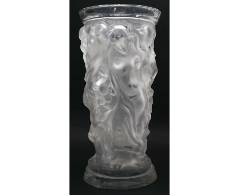 A Lalique style frosted clear glass lamp base with relief figures of ladies in flowing robes and flowers. Damaged as pictured