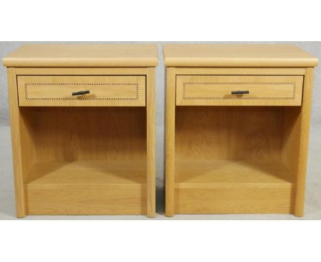 A pair of bespoke inlaid light oak bedside cabinets. H.59 W.52 D.35cm 