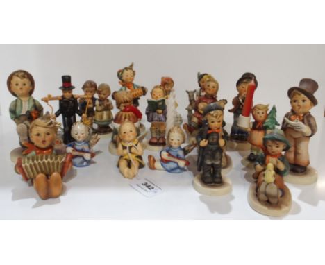 A collection of Hummel figures including Accordion Boy, Goose Girl, Little Goat Herder etc, varying ages, 6-13cm high Conditi