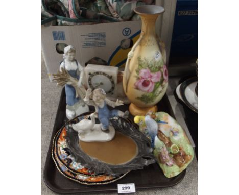 A lot comprising a Denton figure of a pair of parakeets, a secessionist pewter oval tray by Dupper &amp; Bernhold, Wood &amp;
