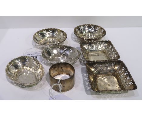 A lot comprising three pairs of small silver bonbon dishes, assorted marks &amp; a silver napkin ring 145 grams Condition Rep