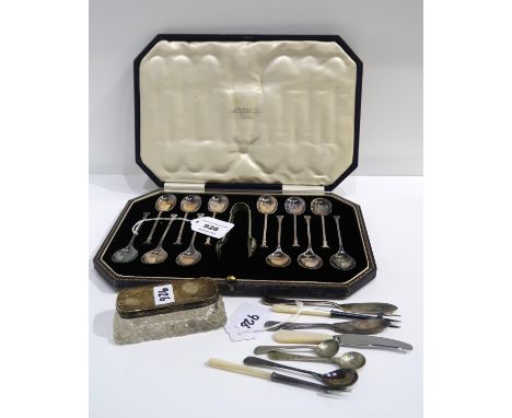 A lot comprising a cased set of twelve silver coffee spoons with tongs Sheffield 1925, a pin dish &amp; a selection of small 