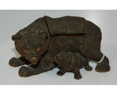 A gilt-metal bear and cub desk stand/inkwell, 12cm wide Condition Report: Available upon request