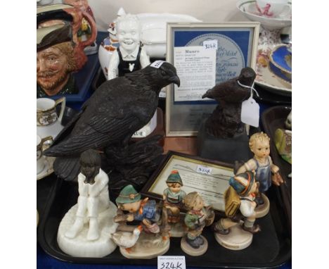 A lot comprising two resin eagle figures by Heredites England, one with certificate, an Oor Wullie figure, assorted Hummel fi
