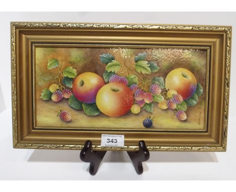 A framed ceramic tile painted with fruit, signed Leaman, 28.5cm long Condition Report: Available upon request