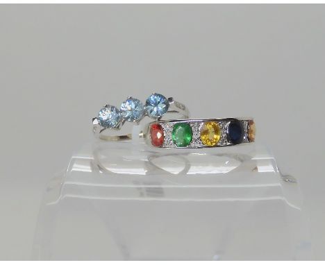 A 9ct white gold Rocks &amp; Co five mixed gemstone and diamond ring size W, and a further R &amp; Co 9ct three blue zircon r