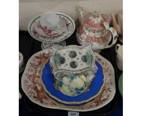 A lot comprising a pink ground gilt and floral decorated tea pot, a Haviland Limoges pink hand painted cup and saucer, a Rocc