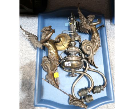 A pair of Victorian brass siren wall sconces and a white metal three light chandelier Condition Report: Not available for thi