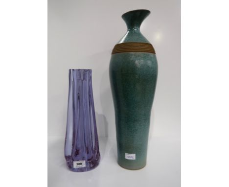 A heavy lavender glass table lamp and a contemporary vase Condition Report: Available upon request