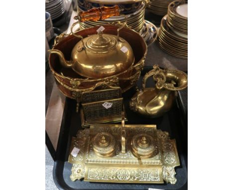 A lot comprising a copper and brass storage bucket decorated with ram's head and ribbon cartouches featuring male portraits, 