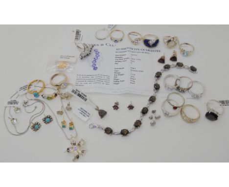 A collection of silver and costume jewellery to include Rocks &amp; Co gem set items to include a silver blueberry quartz rin