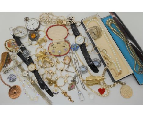 A boxed set of three enamel buttons, a silver pocket watch and other items of vintage costume jewellery Condition Report: Not