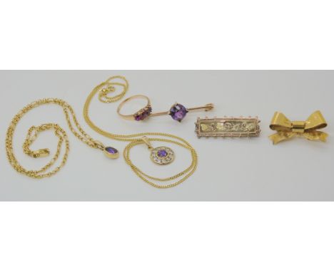 A 9ct garnet and pearl ring size M, two 9ct amethyst pendants and chains, and other items., weight together 18gms Condition R