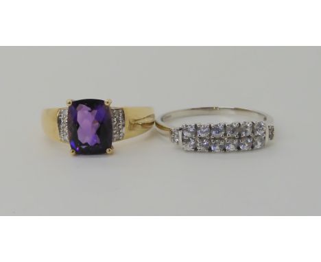 A Rocks &amp; Co 9ct yellow gold amethyst and diamond accent ring, size W, together with a R&amp;Co 9ct white gold clear gem 