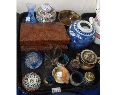 A lot comprising a Milliefiori paperweight and another, a Chinese blue and white ginger jar in prunus pattern, a Noritake gil
