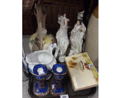 A lot comprising a pair of Carltonware Kang-Hsi patttern candlesticks, a Royal Staffordshire Biarritz art deco biscuit jar, S
