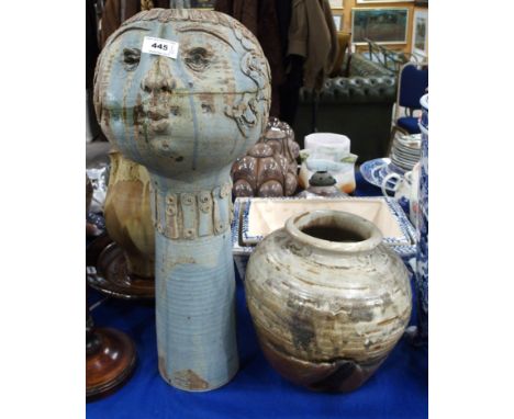 Alec Leckie studio pottery head planter and a studio pottery bowl on stand Condition Report: The head has been completely bro