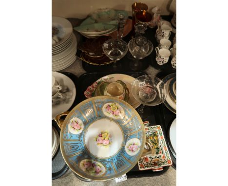 A lot comprising a Noritake blue ground &amp; gilt decorated pedestal bowl and stand, a Maling lustre bowl. a Royal Winton pi