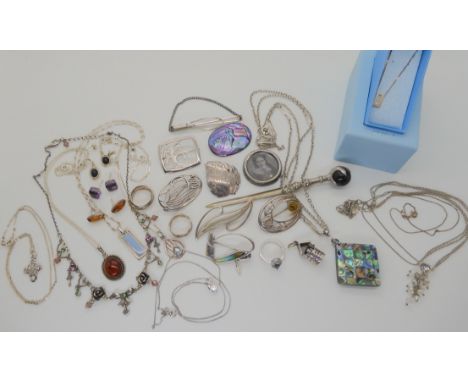 A collection of silver and costume jewellery to include an Ortak Enamel brooch etc Condition Report: Not available for this l