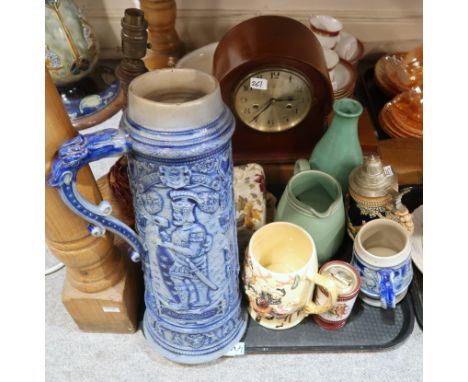 A lot comprising a teal glazed vase incised 'Koellead Kirkcudbright' pottery to base, continental beer steins &amp; tankards,