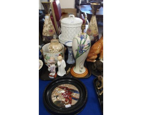 A lot comprising a pair of Carltonware blue ground gilt and floral decorated vases, a white glazed closh, a  baluster form va