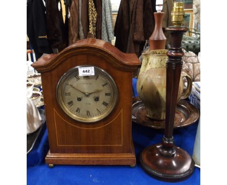 An inlaid mantle clock marked for Johnstone &amp; Co, Glasgow, the movement marked 1678, together with a wooden table lamp Co