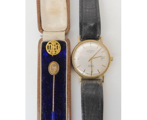 A 9ct gold gents Rotary Automatic, weight with mechanism and strap 32.2gms, a yellow metal diamond set pin and a further gold
