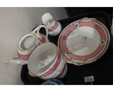 A lot comprising a pink and gilt banded part tea service, comprising teapot, milk jug, sugar bowl, serving plates Condition R