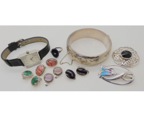 A Cairn Celtic watch, a silver cuff bangle, blue John earrings and other items etc Condition Report: Not available for this l