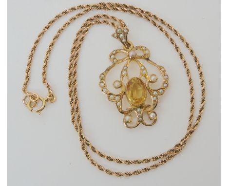 A 9ct citrine and pearl Edwardian pendant and chain length 42cm, weight 5.9gms Condition Report: Available upon request