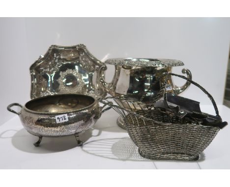A tray lot of EP - wine cooler, swing handled basket, tea caddy etc. Condition Report: Available upon request