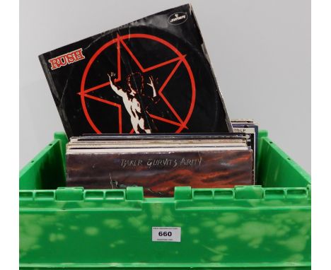 A box of rock, prog rock and pop vinyl LP and EP records to include Rush, Genesis, Prefab Sprout, The Baker Gurvitz Army, Led