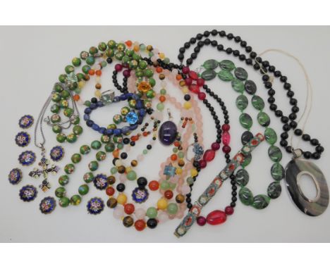 A string of cloisonne beads, ten enamel buttons, A silver gem set cross and chain and further gemstone beads etc Condition Re