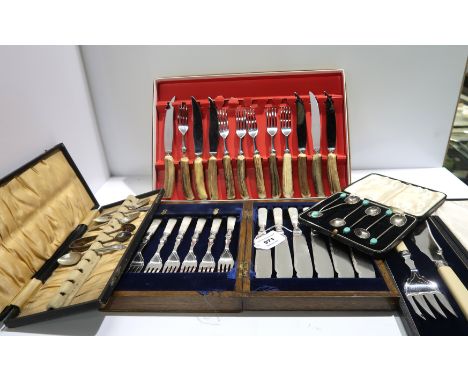A tray lot of cased cutlery - mother of pearl handled fish cutlery etc. Condition Report: Available upon request