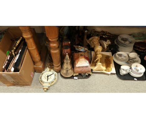 A lot comprising a selection of carved wooden frames, carved wooden candlesticks, decorative wall ornaments, Kutani Toukai pa