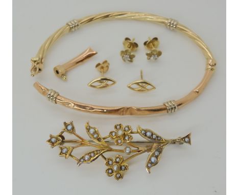 A pair of 9ct gold diamond flower earrings a further pair by Ola Gorie, a 9ct pearl set brooch and a broken bangle (af) weigh