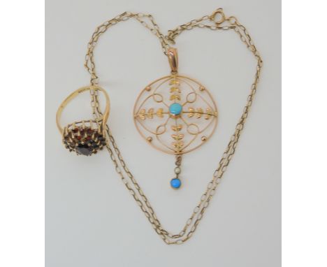 A 9ct gold and turquoise Edwardian pendant and chain together with a garnet cluster ring size R, weight 7.7gms Condition Repo