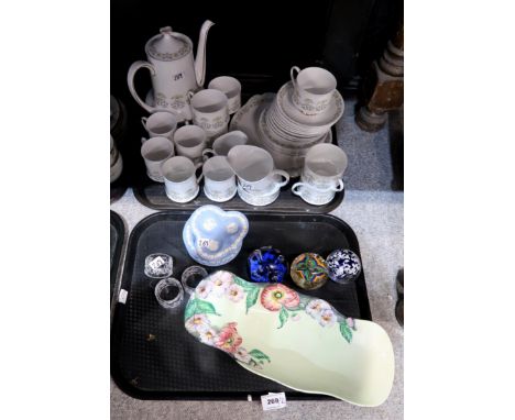 A lot comprising Paragon Fiona pattern tea &amp; coffee service, a Caithness moonflower paperweight &amp; two others, Wedgwoo